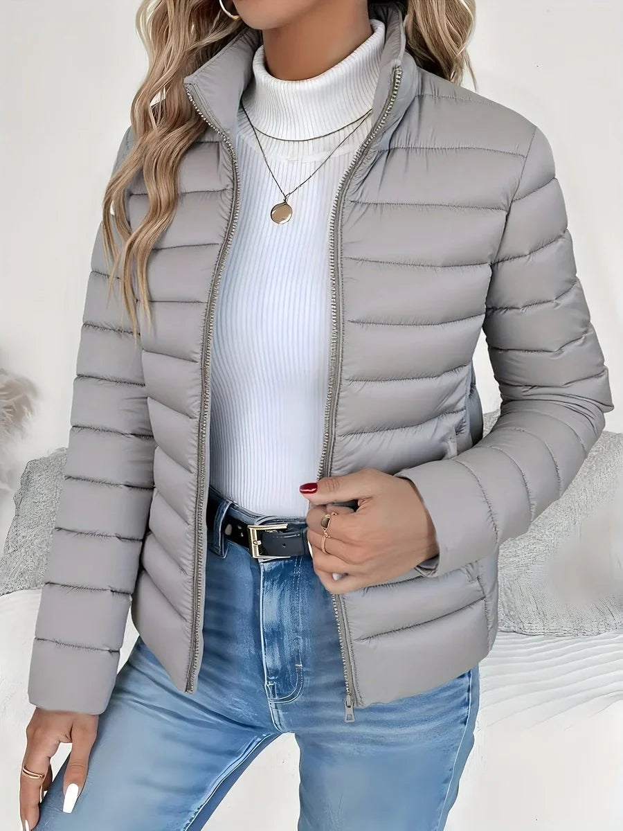 Women's lightweight quilted puffer coat stand collar zip-up jacket – Gray