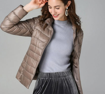 Women's lightweight quilted puffer coat stand collar zip-up jacket – Khaki