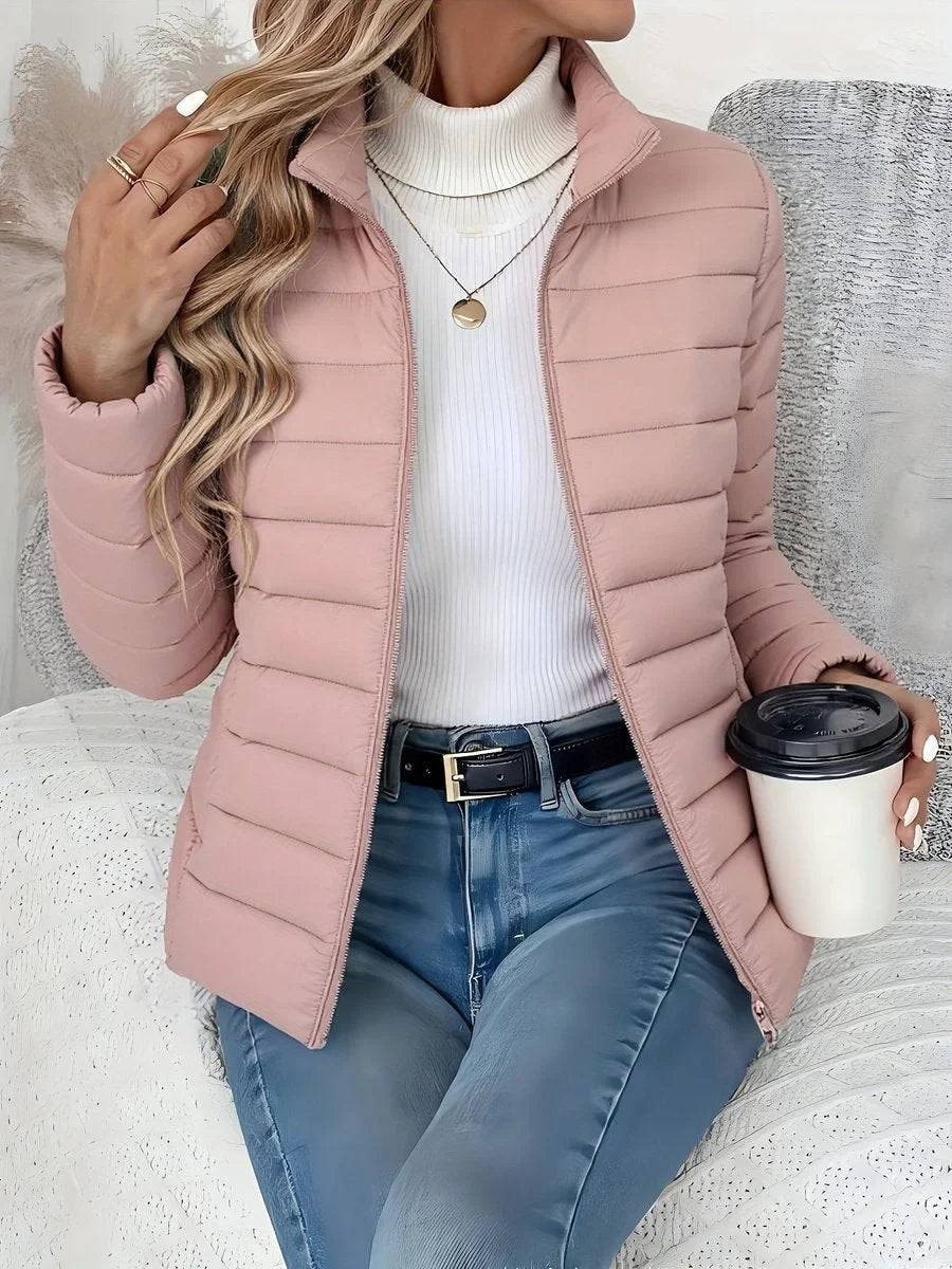 Women's lightweight quilted puffer coat stand collar zip-up jacket – Pink
