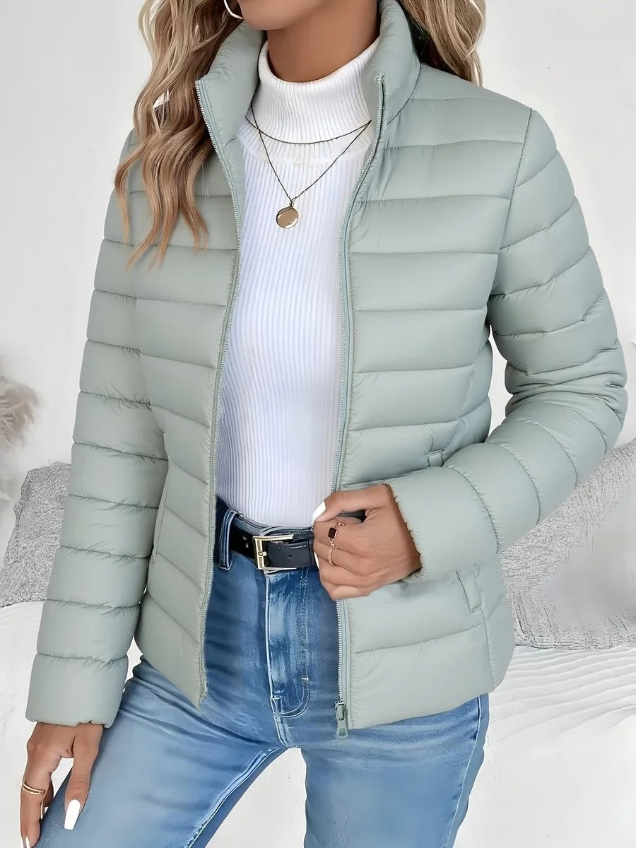 Women's lightweight quilted puffer coat stand collar zip-up jacket – Sage Green