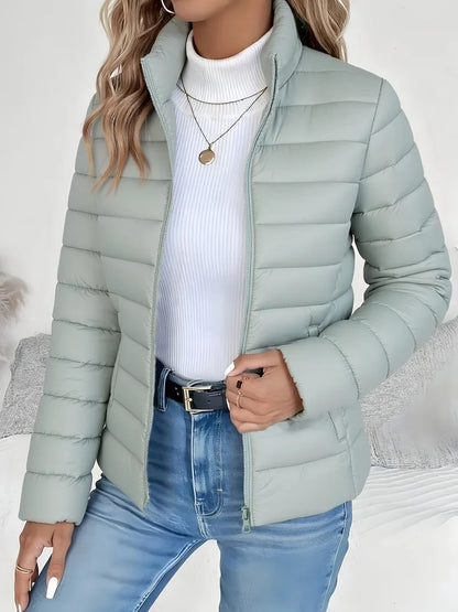Women's lightweight quilted puffer coat stand collar zip-up jacket – Sage Green