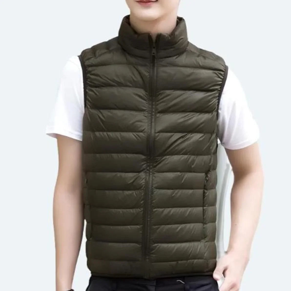Women's lightweight quilted zip-up puffer vest stand collar – Green