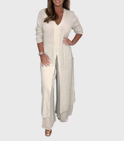 Women's lightweight set with duster V-neck cardigan and womens wide leg pants – Beige
