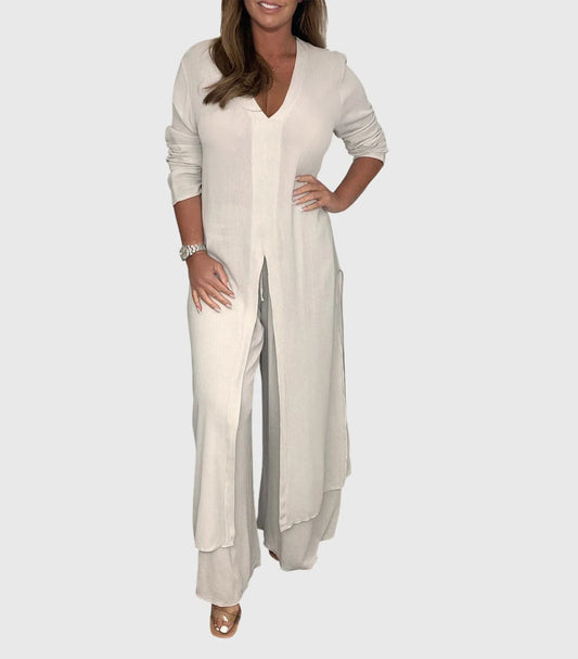 Women's lightweight set with duster V-neck cardigan and womens wide leg pants – Beige
