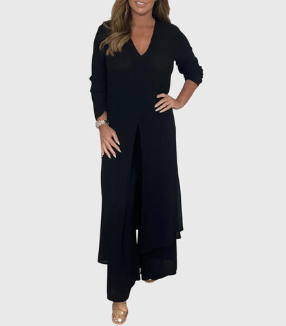 Women's lightweight set with duster V-neck cardigan and womens wide leg pants – Black