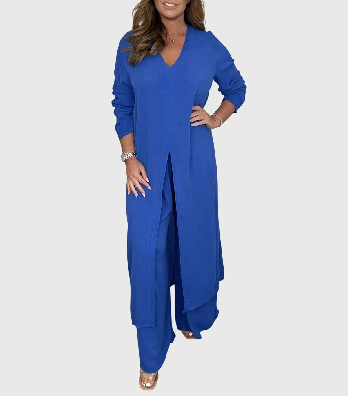 Women's lightweight set with duster V-neck cardigan and womens wide leg pants – Blue