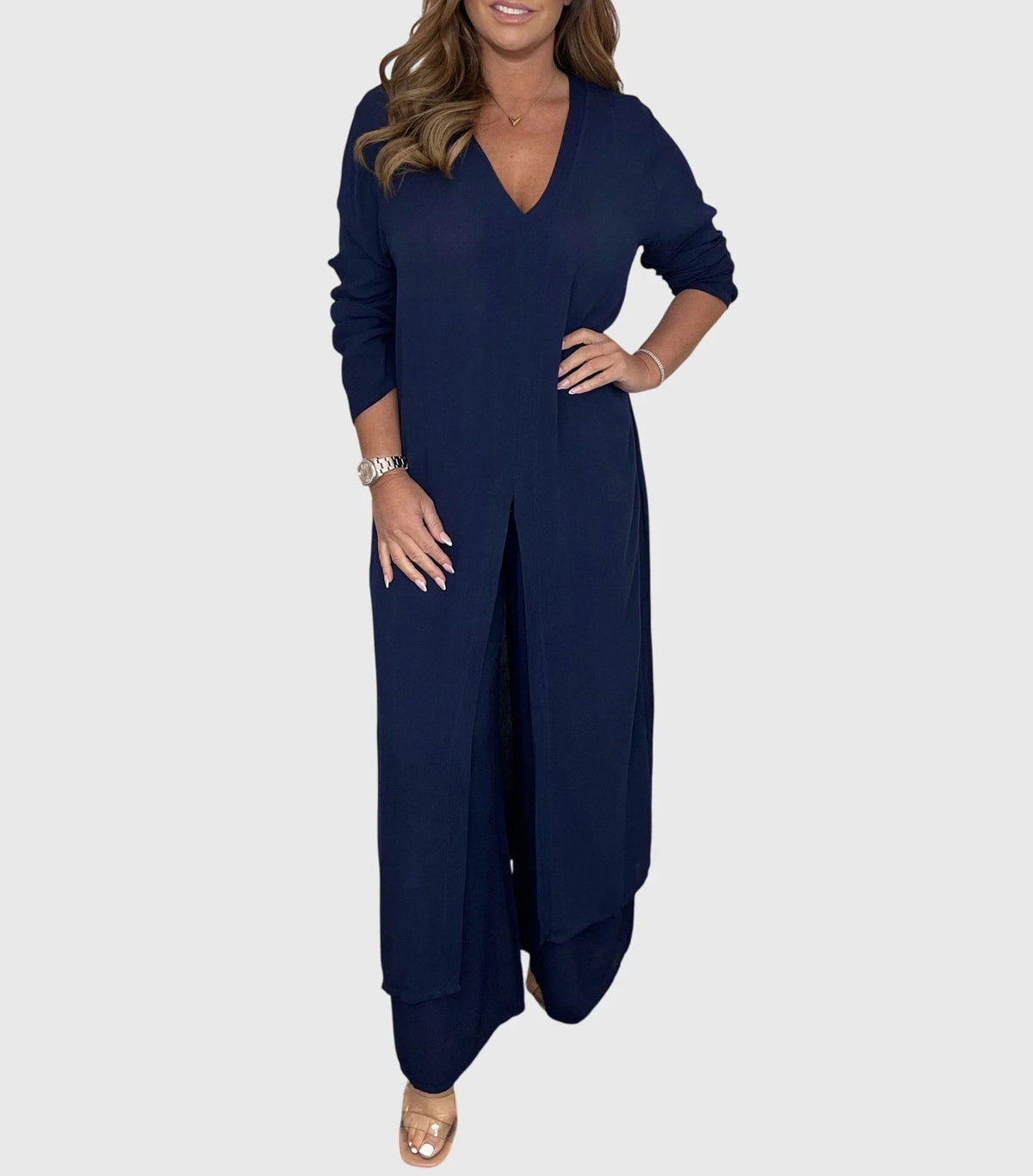 Women's lightweight set with duster V-neck cardigan and womens wide leg pants – Navy Blue