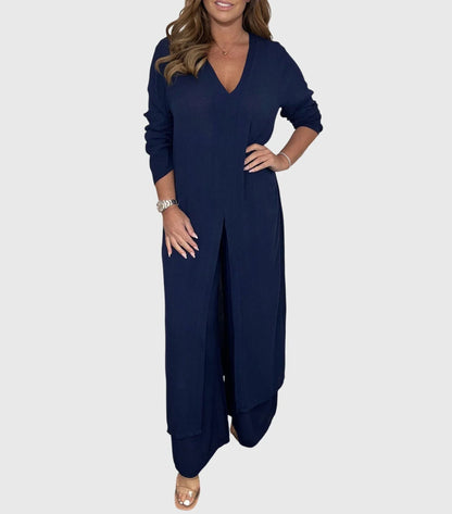 Women's lightweight set with duster V-neck cardigan and womens wide leg pants – Navy Blue