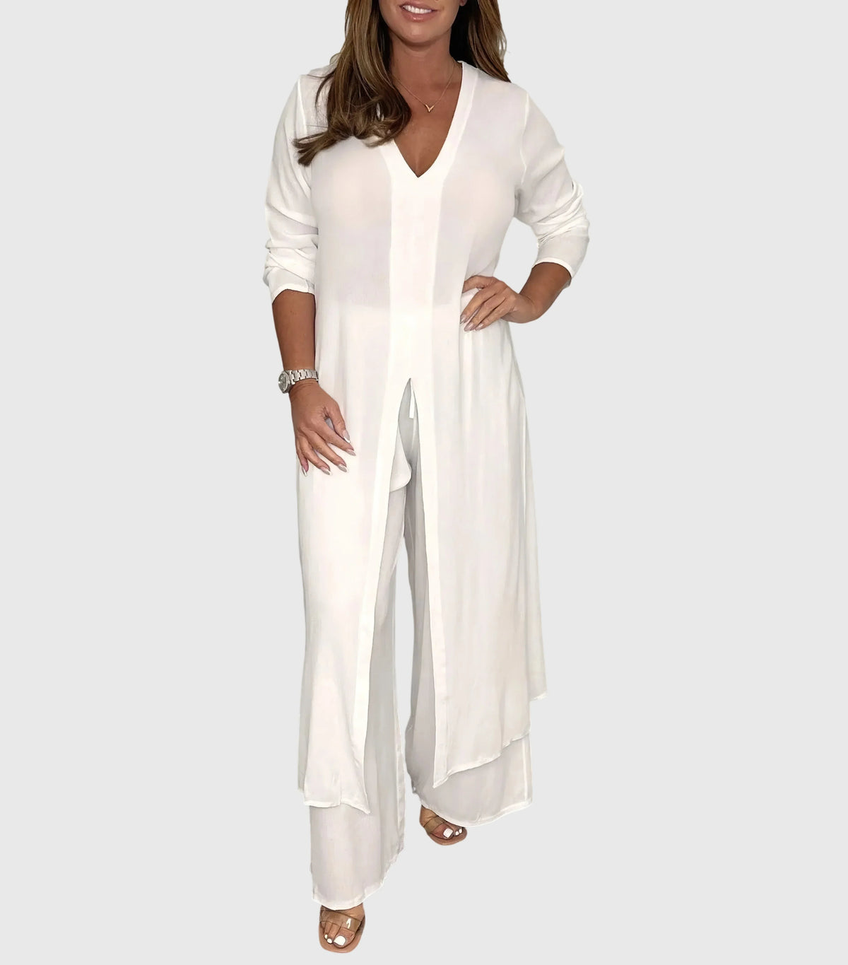 Women's lightweight set with duster V-neck cardigan and womens wide leg pants – White