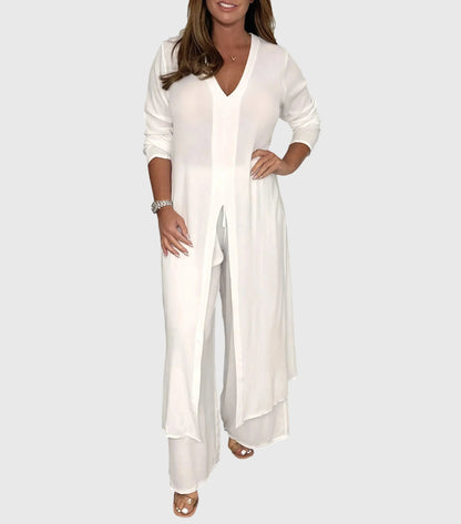Women's lightweight set with duster V-neck cardigan and womens wide leg pants – White