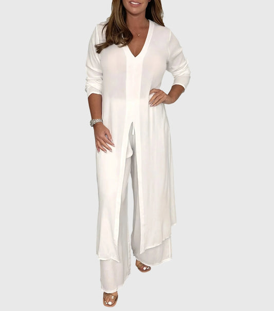 Women's lightweight set with duster V-neck cardigan and womens wide leg pants – White