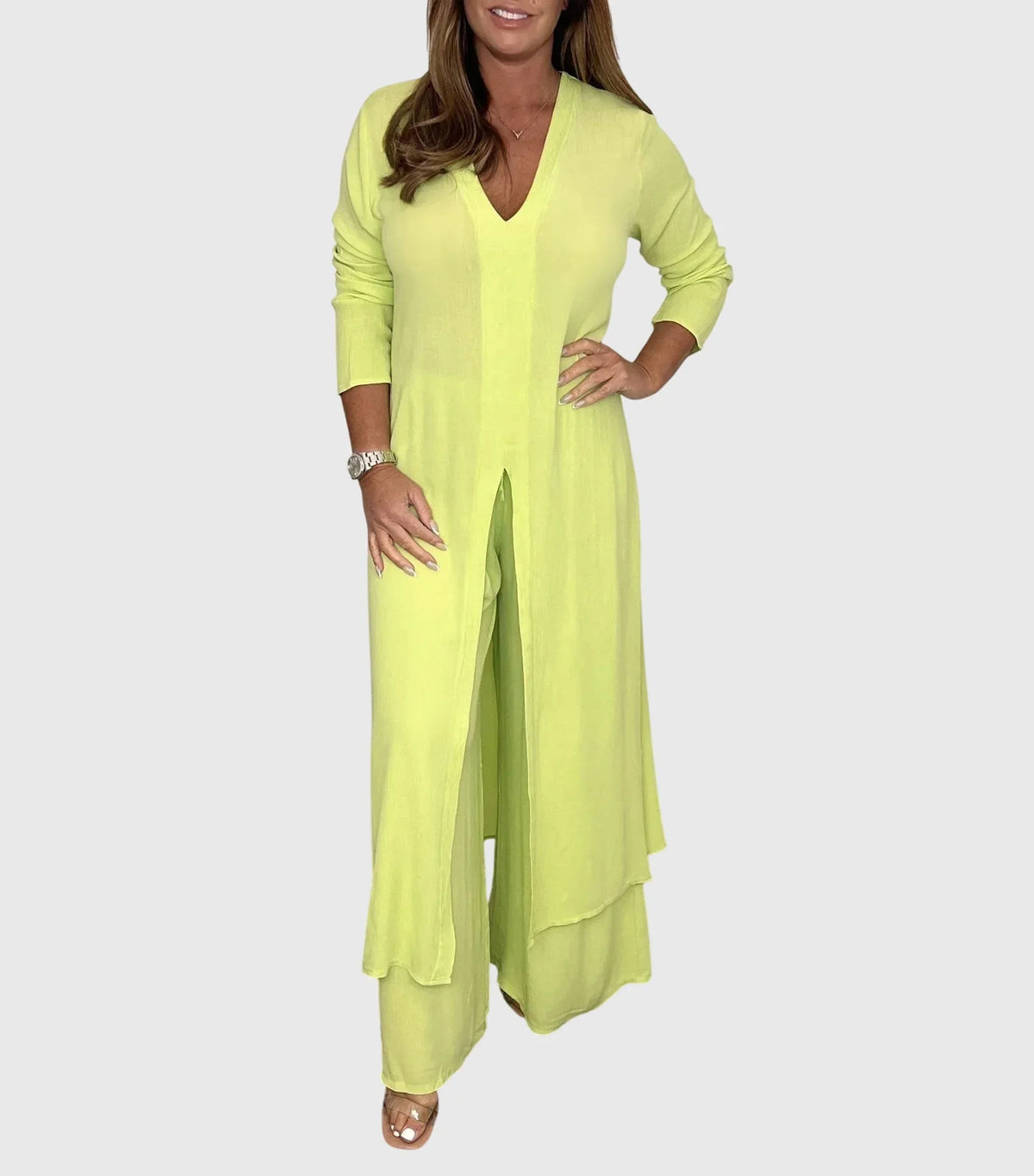 Women's lightweight set with duster V-neck cardigan and womens wide leg pants – Yellow
