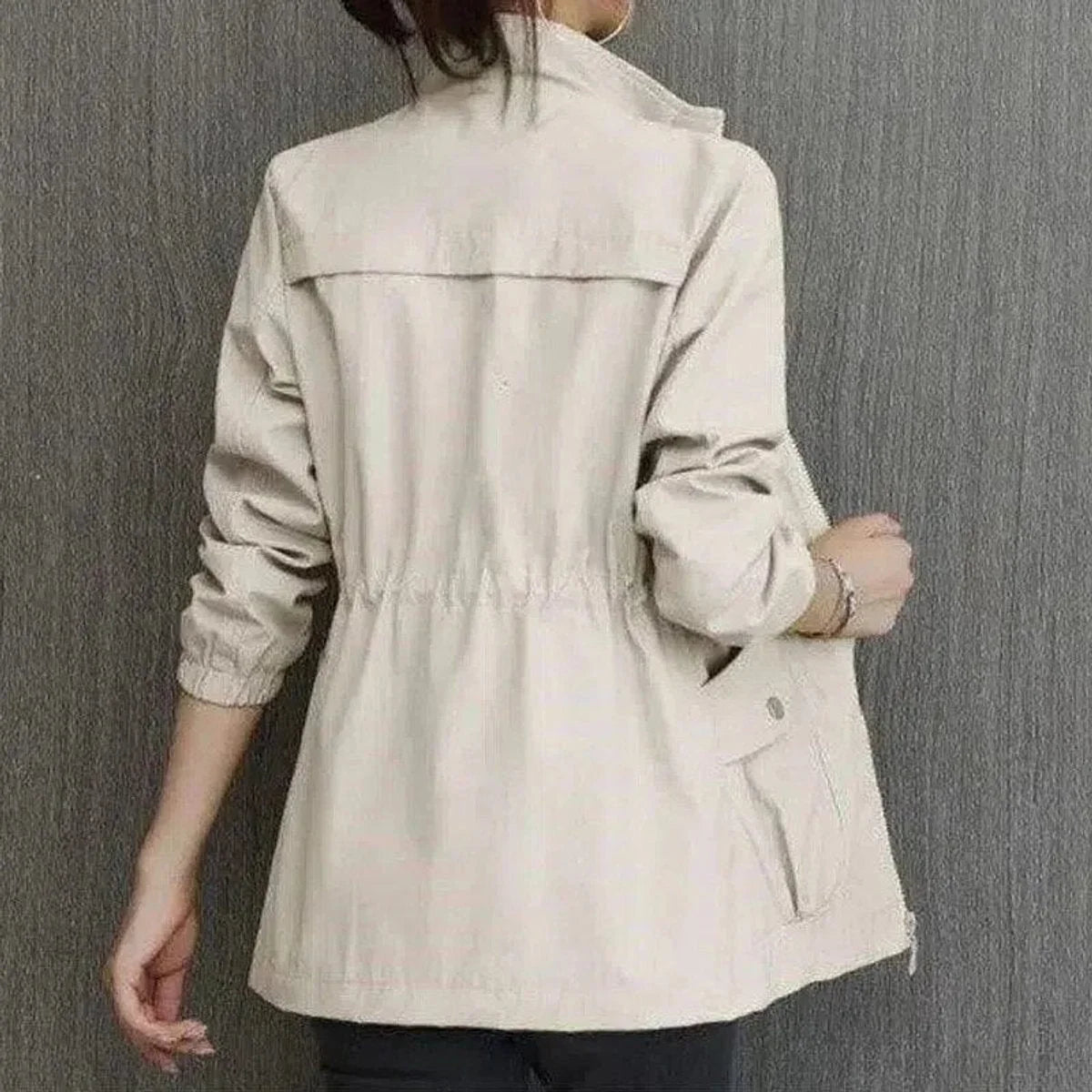 Women's lightweight zip-up short bomber jacket drawstring waist – Beige