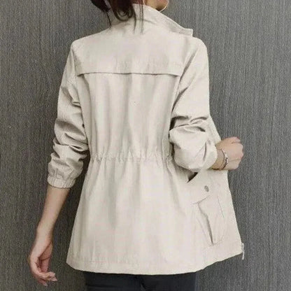 Women's lightweight zip-up short bomber jacket drawstring waist – Beige