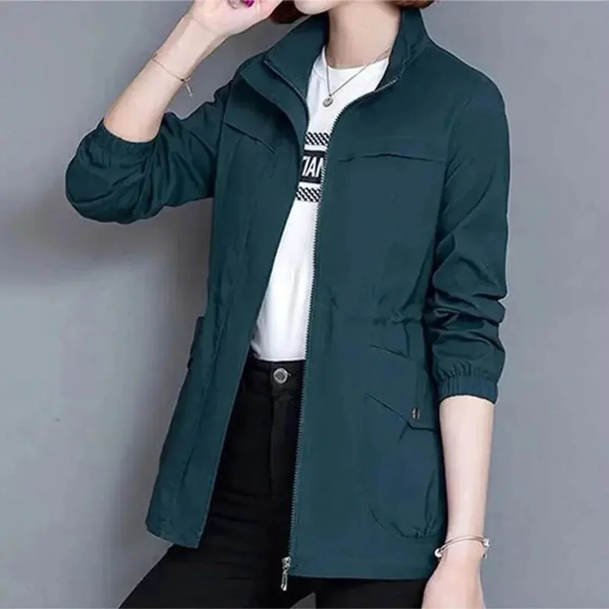 Women's lightweight zip-up short bomber jacket drawstring waist – Blue