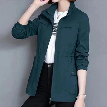 Women's lightweight zip-up short bomber jacket drawstring waist – Blue