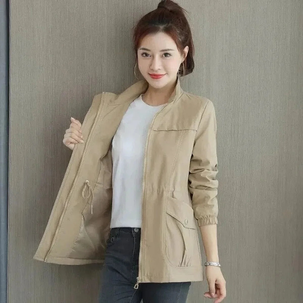 Women's lightweight zip-up short bomber jacket drawstring waist – Khaki