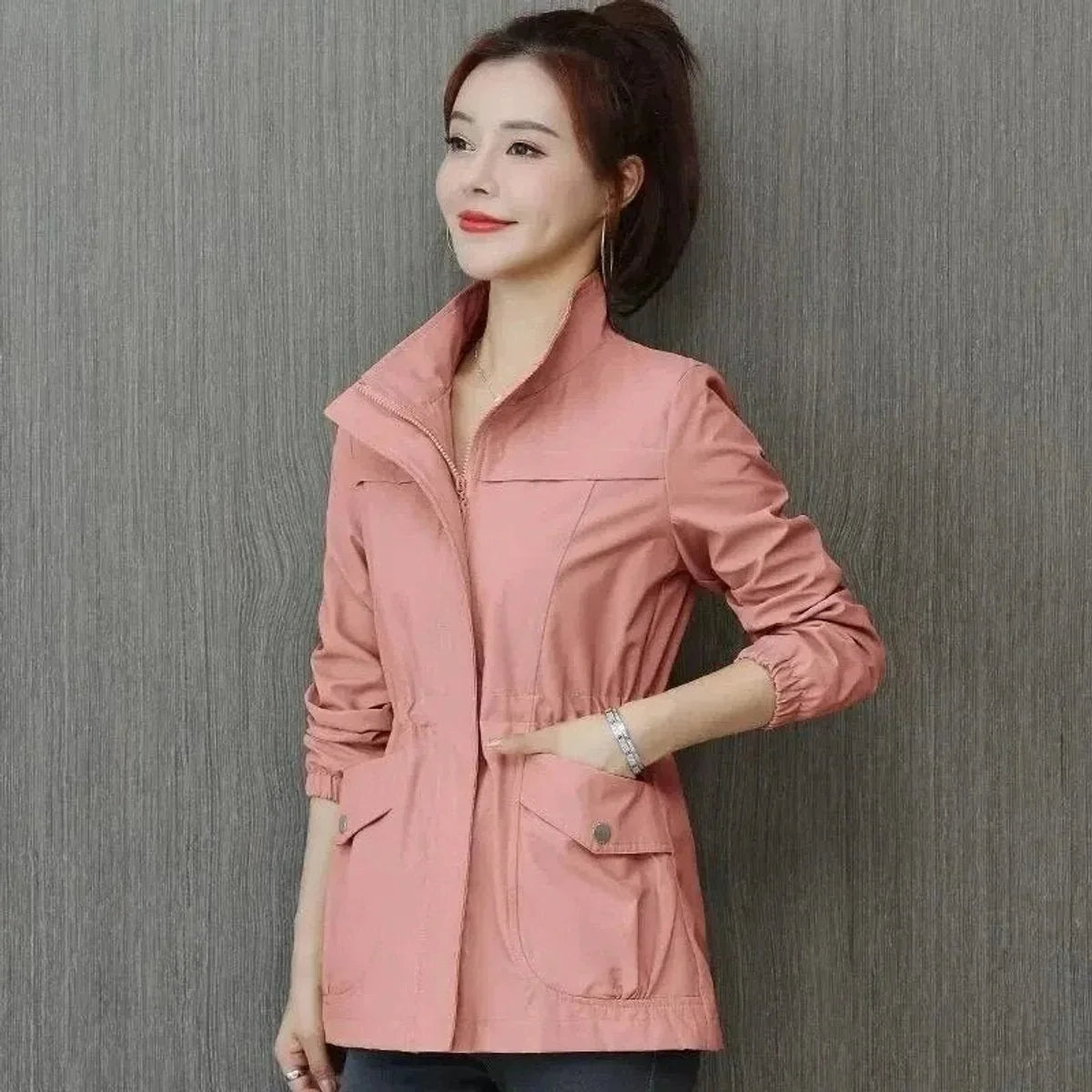 Women's lightweight zip-up short bomber jacket drawstring waist – Pink