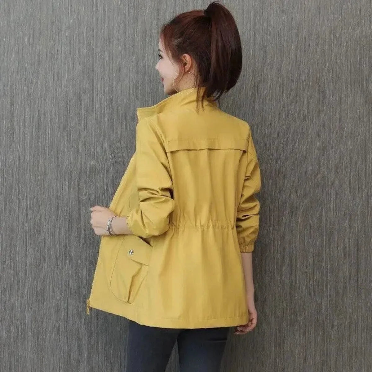 Women's lightweight zip-up short bomber jacket drawstring waist – Yellow