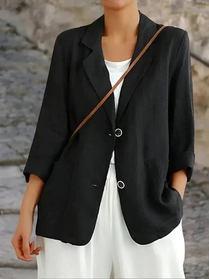 Women's linen 3/4-sleeve tailored blazer jacket casual blazer – Black