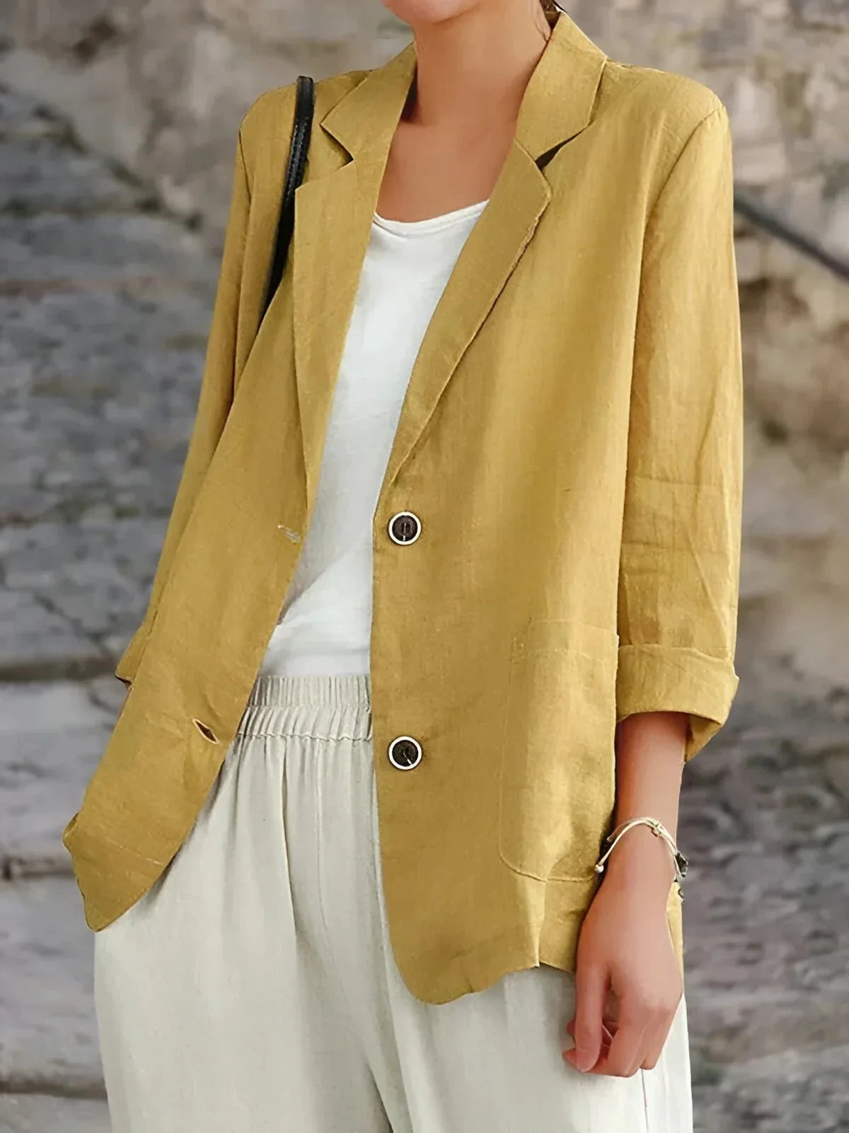 Women's linen 3/4-sleeve tailored blazer jacket casual blazer – Yellow