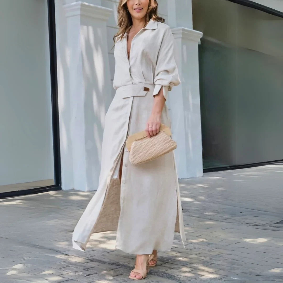 Women's linen-blend long-sleeve collared maxi dress with V-neck and side slits – Beige