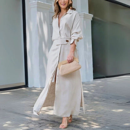 Women's linen-blend long-sleeve collared maxi dress with V-neck and side slits – Beige