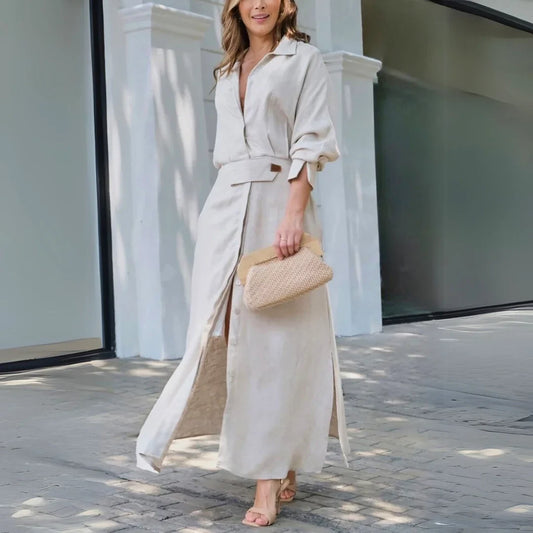 Women's linen-blend long-sleeve collared maxi dress with V-neck and side slits – Beige