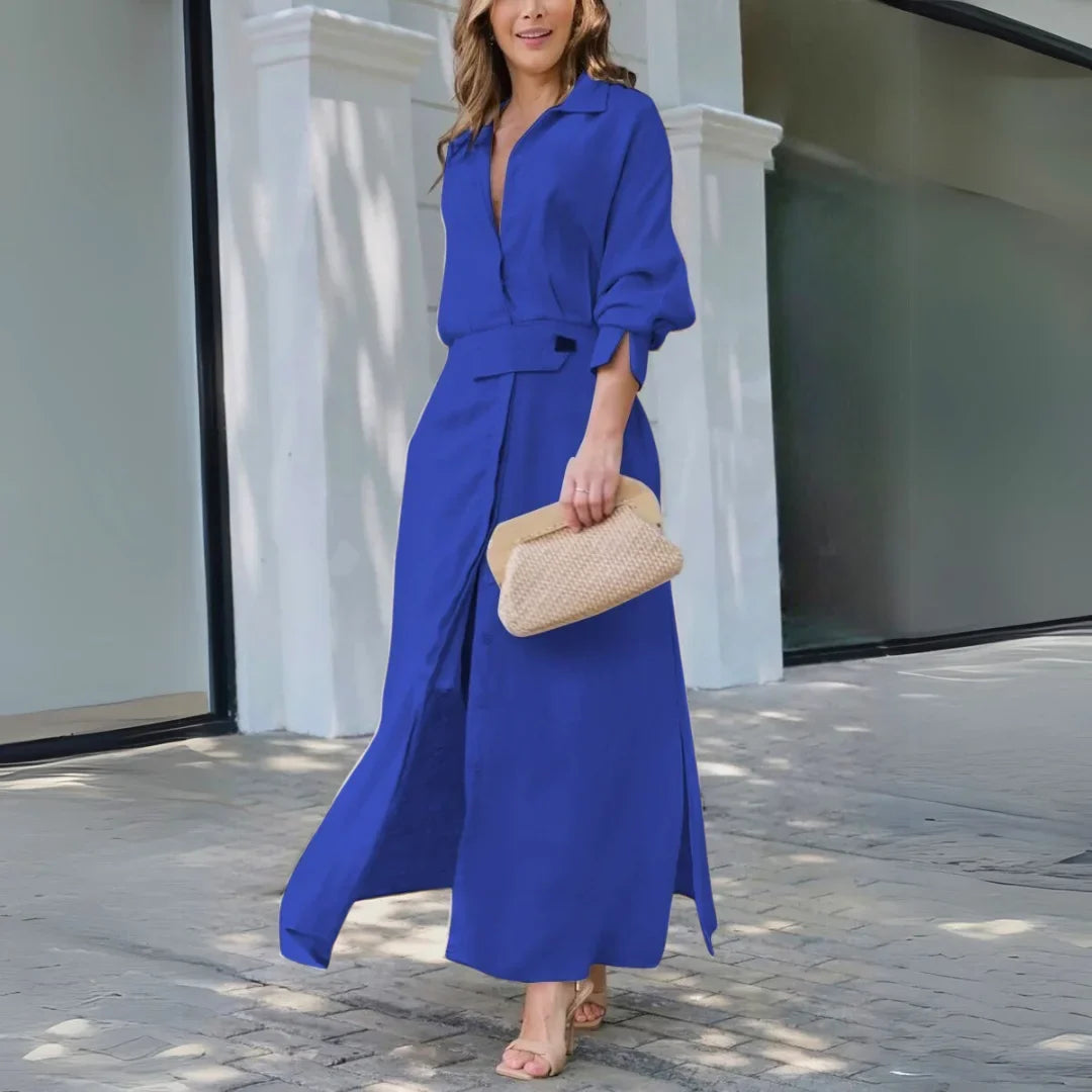 Women's linen-blend long-sleeve collared maxi dress with V-neck and side slits – Blue