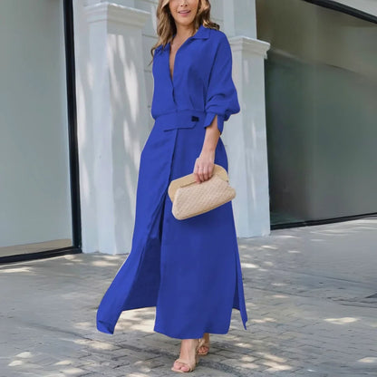 Women's linen-blend long-sleeve collared maxi dress with V-neck and side slits – Blue