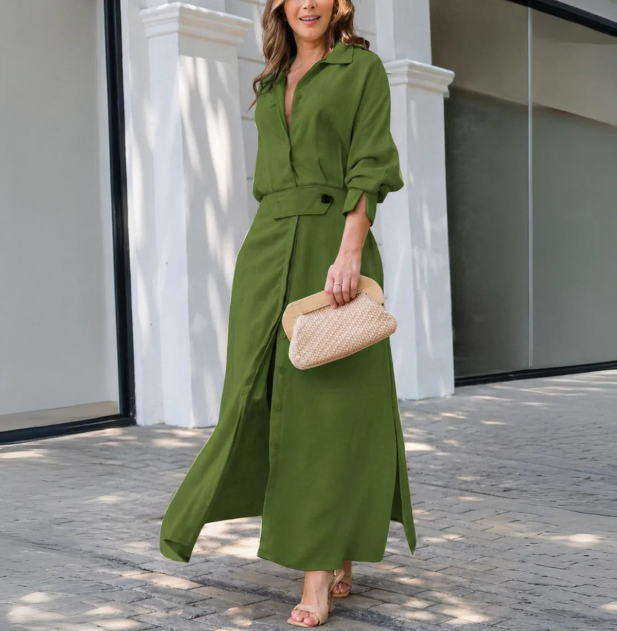 Women's linen-blend long-sleeve collared maxi dress with V-neck and side slits – Green