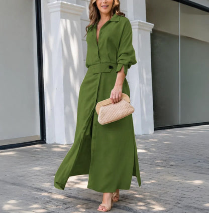 Women's linen-blend long-sleeve collared maxi dress with V-neck and side slits – Green