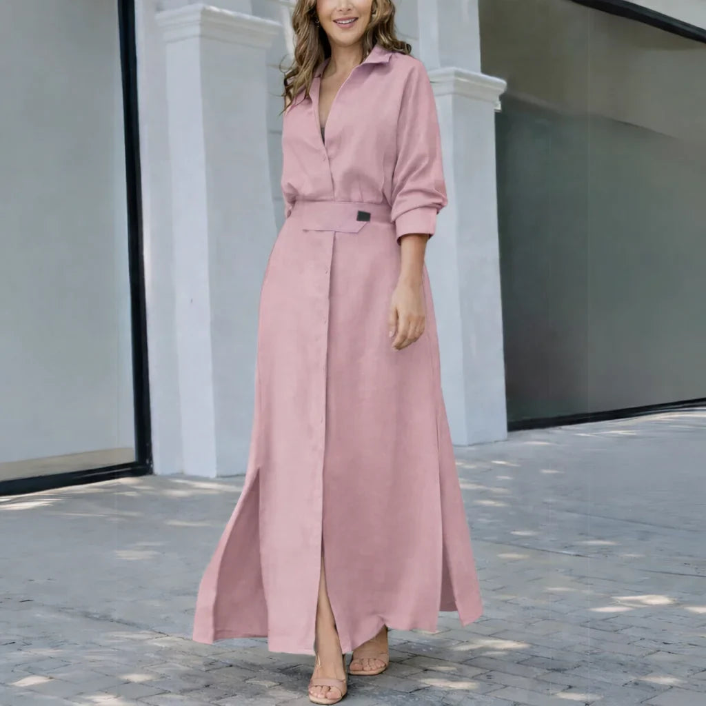 Women's linen-blend long-sleeve collared maxi dress with V-neck and side slits – Pink