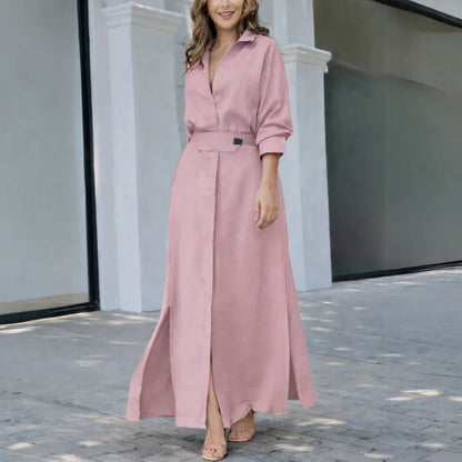 Women's linen-blend long-sleeve collared maxi dress with V-neck and side slits – Pink