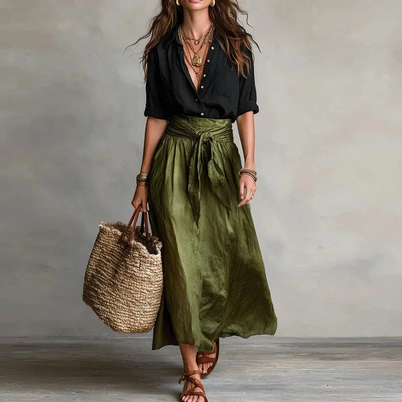 Women's linen blend set with button-down shirt and tie-waist maxi skirt – Black