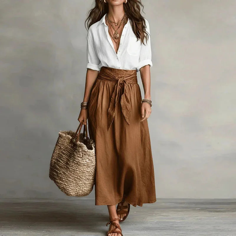 Women's linen blend set with button-down shirt and tie-waist maxi skirt – Brown