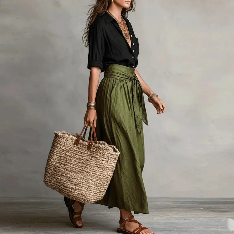 Women's linen blend set with button-down shirt and tie-waist maxi skirt