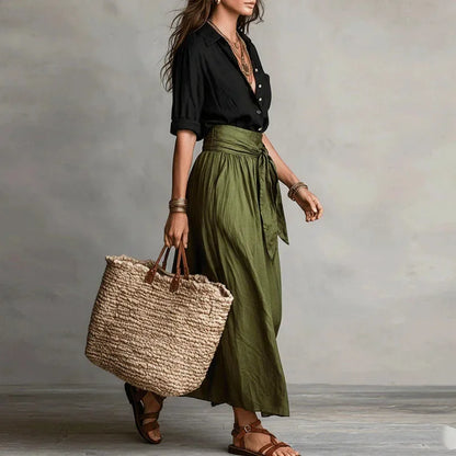 Women's linen blend set with button-down shirt and tie-waist maxi skirt