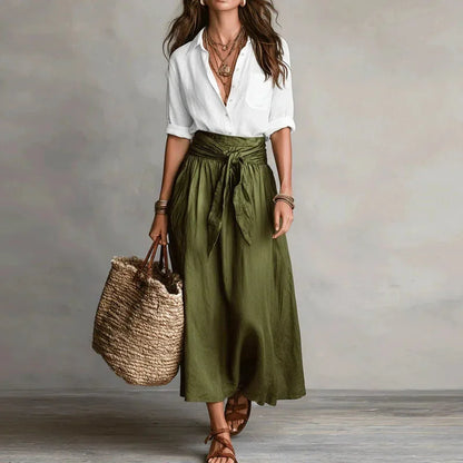 Women's linen blend set with button-down shirt and tie-waist maxi skirt – Green