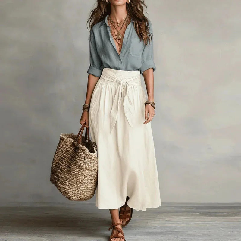 Women's linen blend set with button-down shirt and tie-waist maxi skirt – White