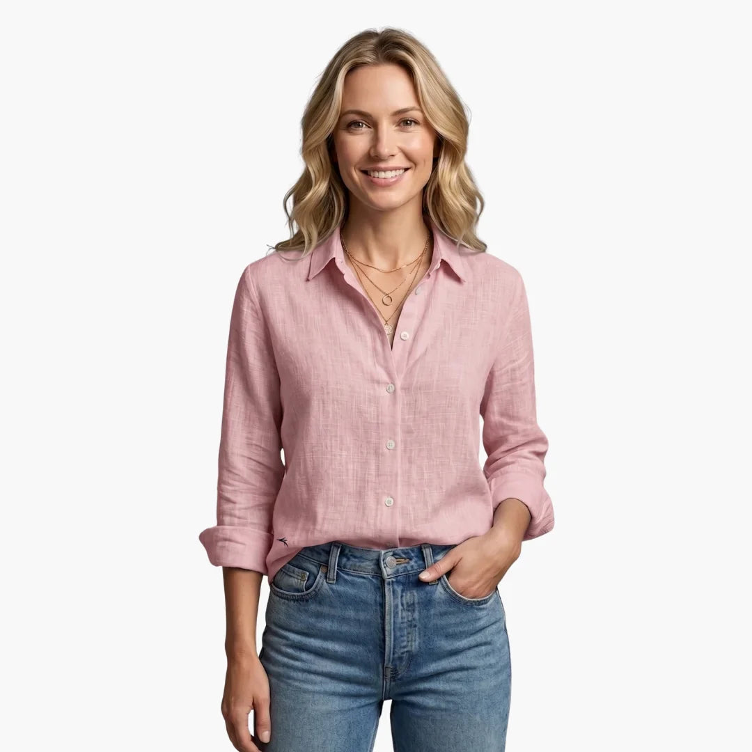 Women's linen long sleeve button-front shirt with collared V-neck