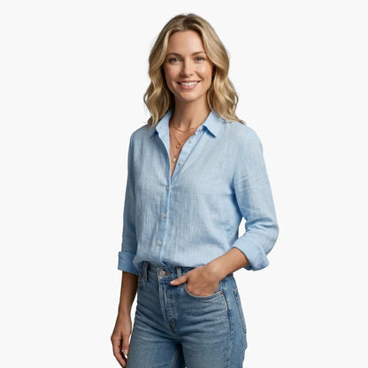 Women's linen long sleeve button-front shirt with collared V-neck