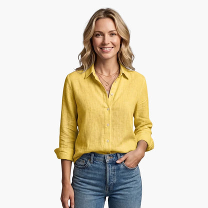 Women's linen long sleeve button-front shirt with collared V-neck