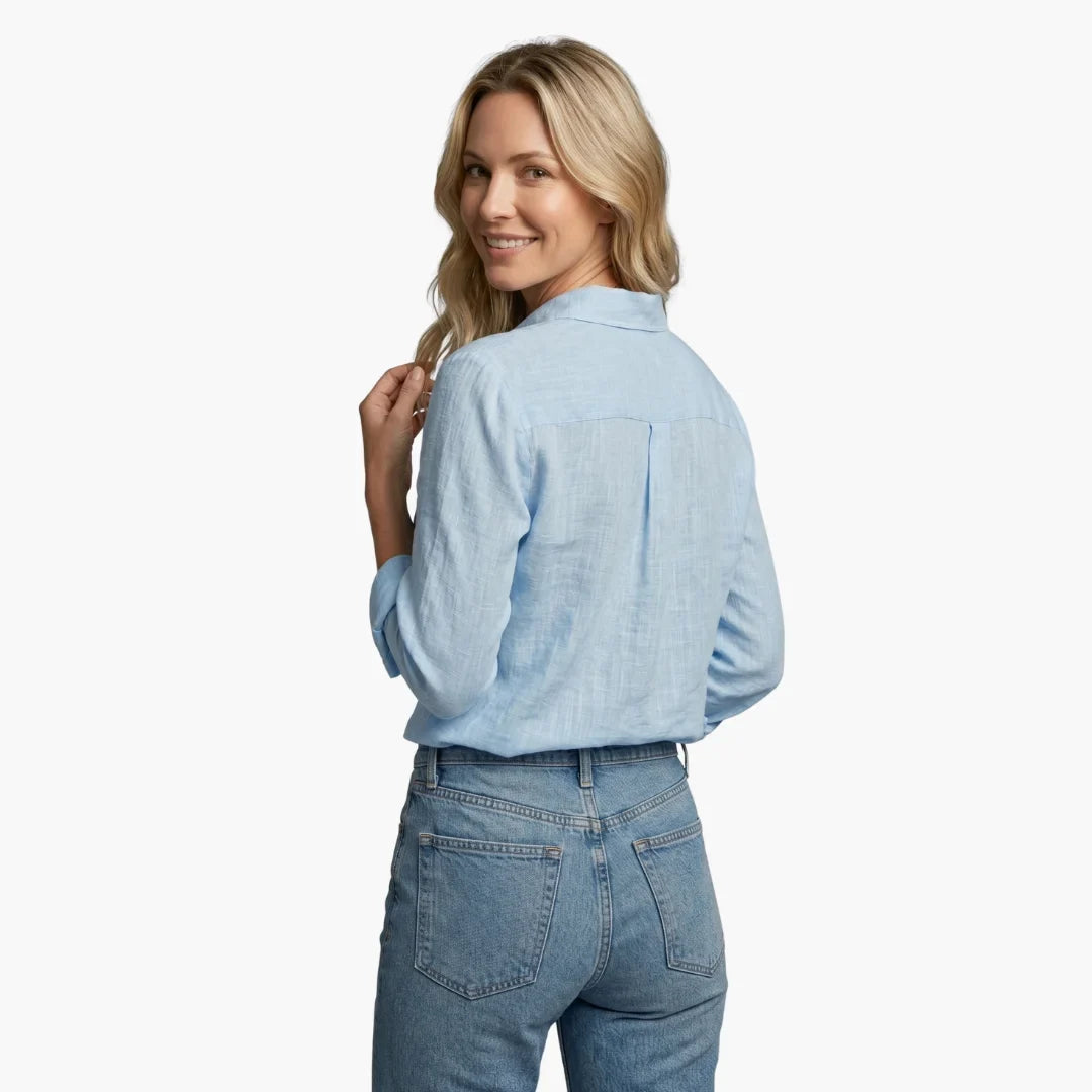 Women's linen long sleeve button-front shirt with collared V-neck