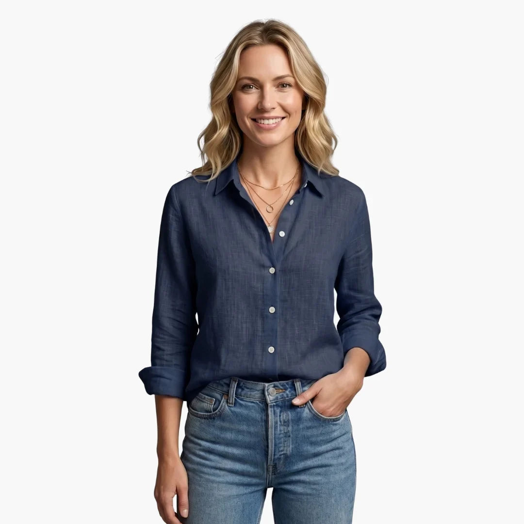 Women's linen long sleeve button-front shirt with collared V-neck