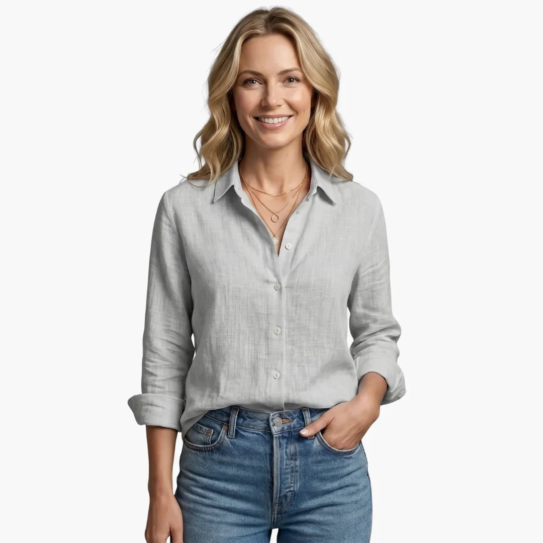 Women's linen long sleeve button-front shirt with collared V-neck
