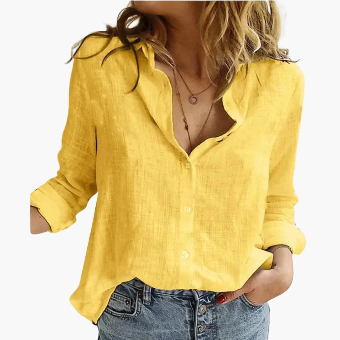 Women's linen long sleeve button-front shirt with collared V-neck – Yellow
