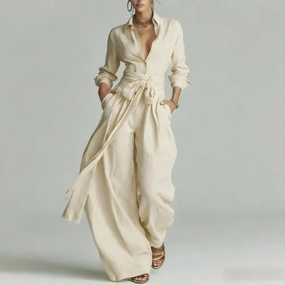 Women's linen long-sleeve shirt and tie-waist womens wide leg pants set – Apricot