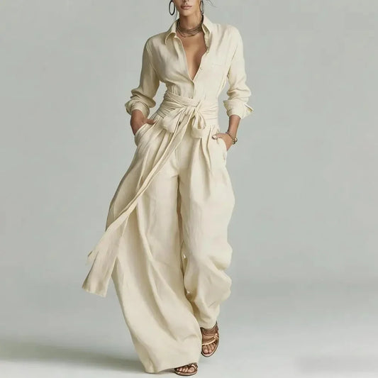 Women's linen long-sleeve shirt and tie-waist womens wide leg pants set – Apricot