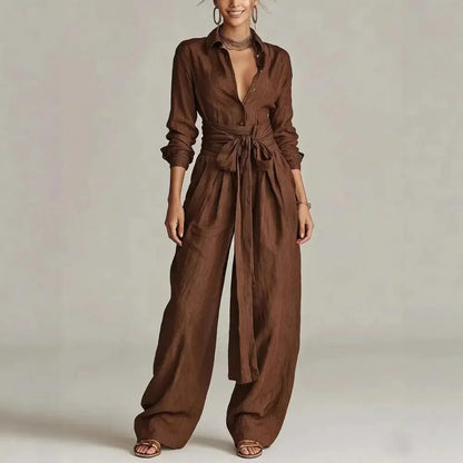 Women's linen long-sleeve shirt and tie-waist womens wide leg pants set – Coffee